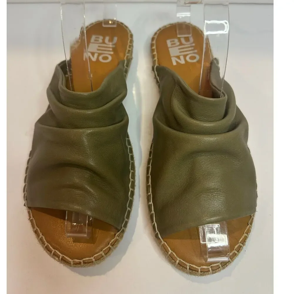 Bueno Nice Leather Espadrille Slide Sandals Size 40 Green Ruched Comfort Shoes